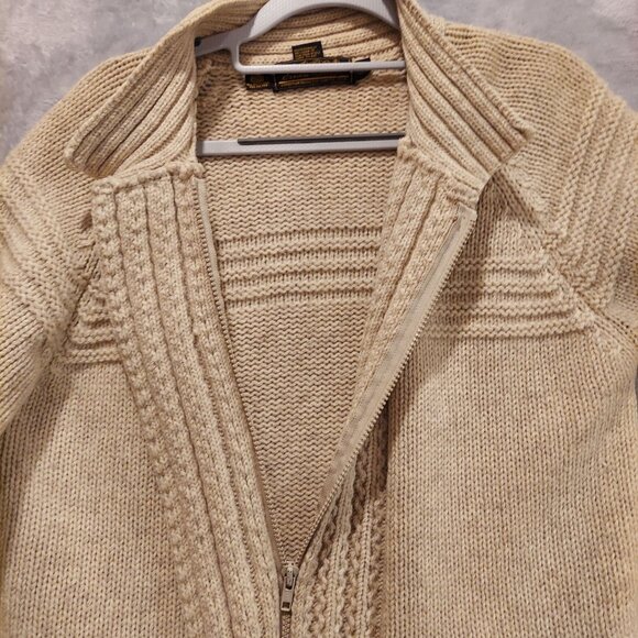 Eddie Bauer Womens M Beige Wool Cardigan Pockets Zip Textured Cuffs Boho Beachy - Picture 15 of 16
